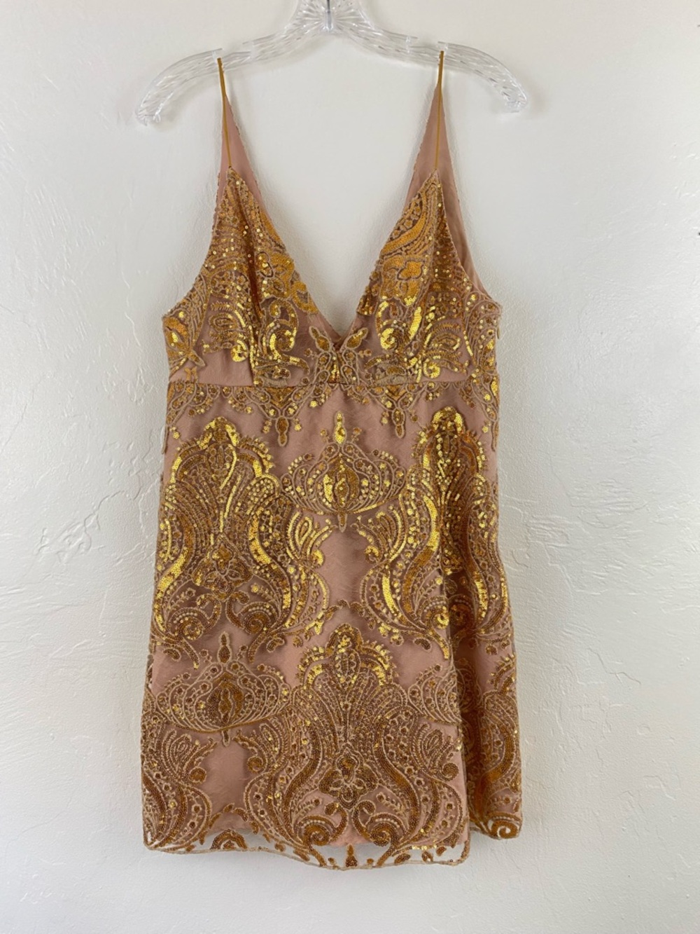 Free People Size 10 Metallic Gold Sequin Spaghetti Strap Formfitting Mini Dress